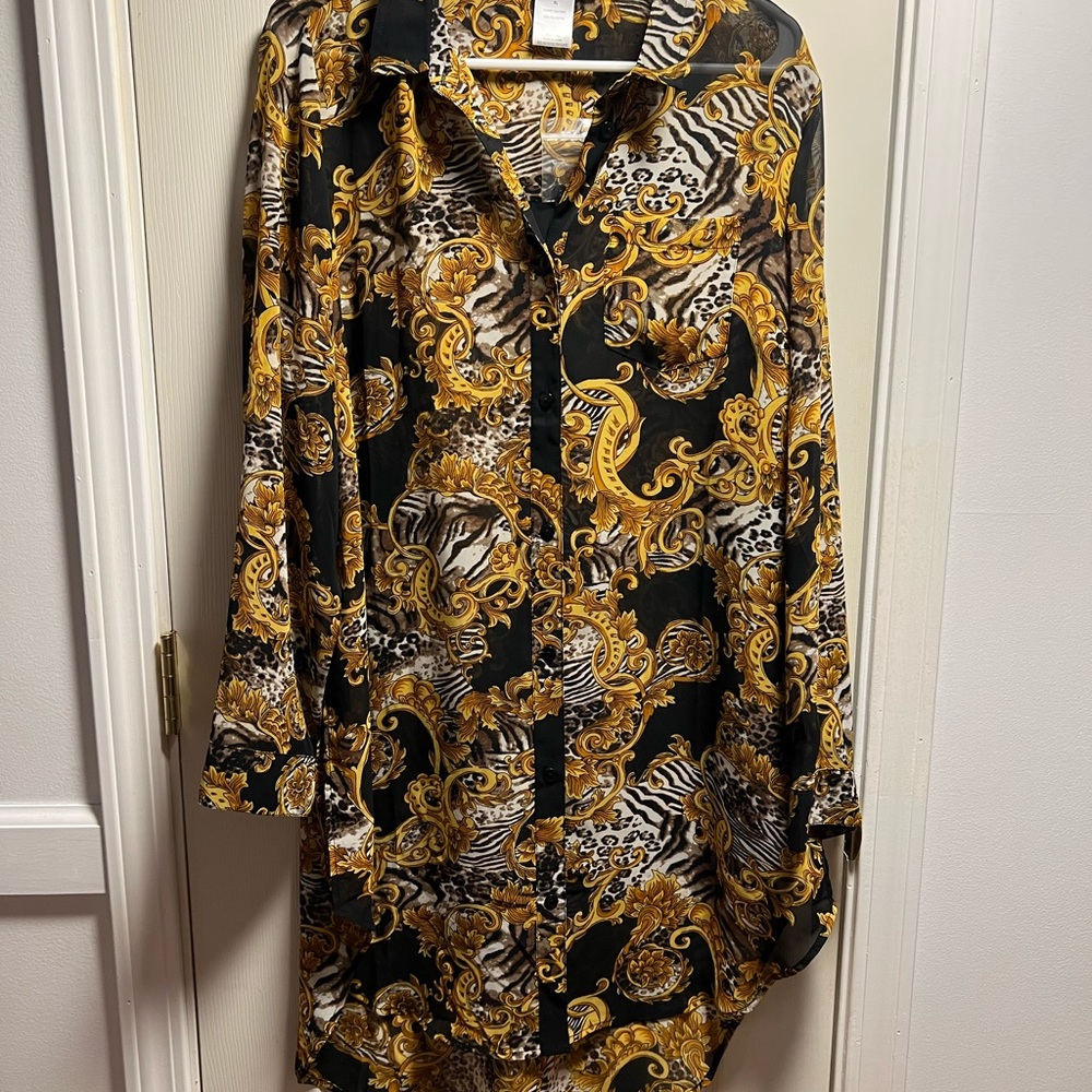 K. Jordan XL Gold Black Tiger Leopard Print Long Sleeve Button Down Top/Dress